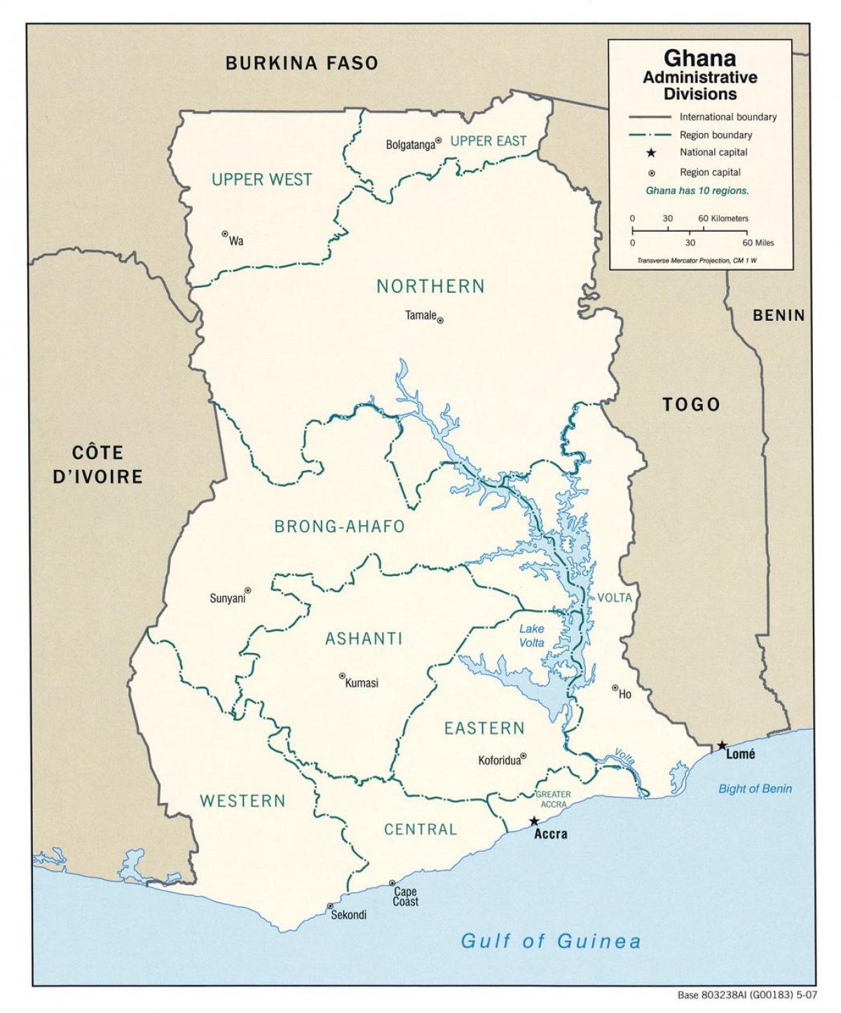 גאנה מפה עם אזורים ומחוזות