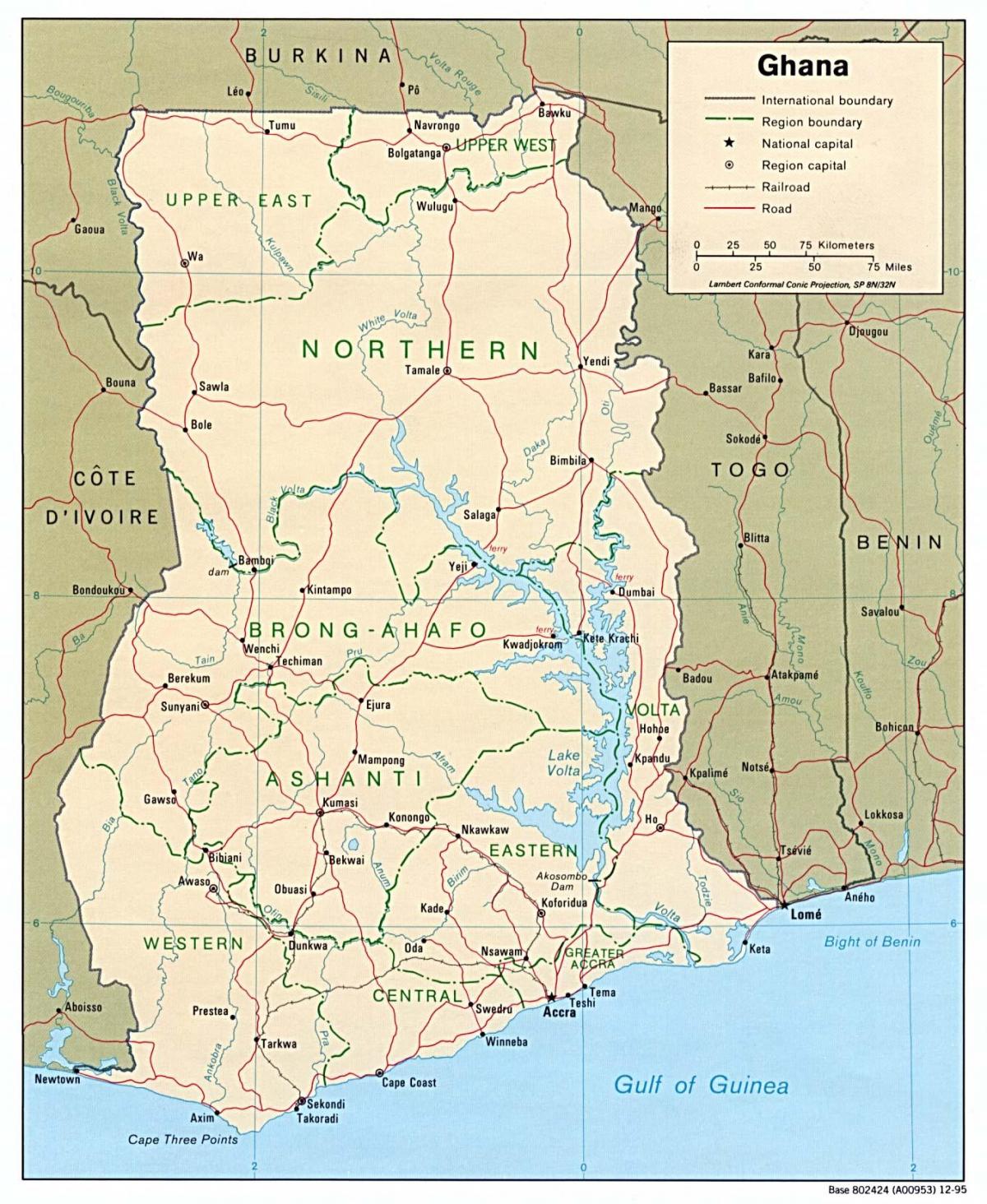 גאנה המפה עם ערים ועיירות